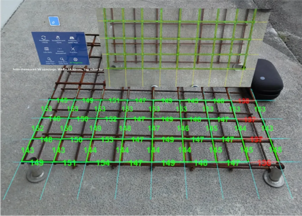 HoloLens 2 view of a rebar cage with pass and fail labels on each spacing