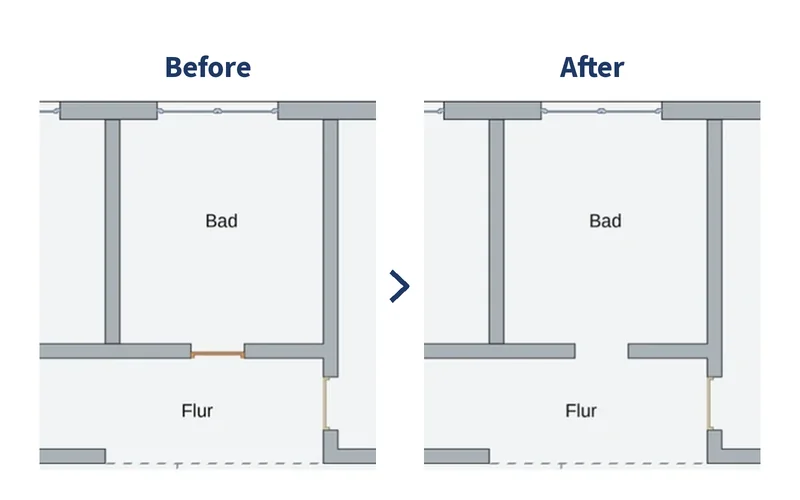 Floor plan detail before and after VeriBIM deletes the door between the bathroom and the hall
